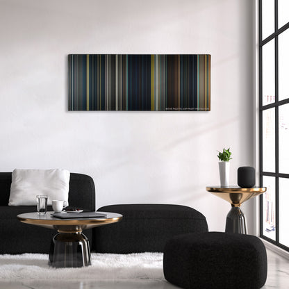 Warm Bodies color palette canvas above a black sofa with a gold-topped table