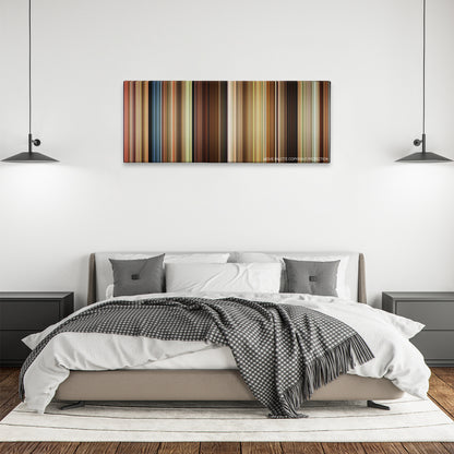 A River Runs Through It color palette canvas above a bed, between two black pendant lamps