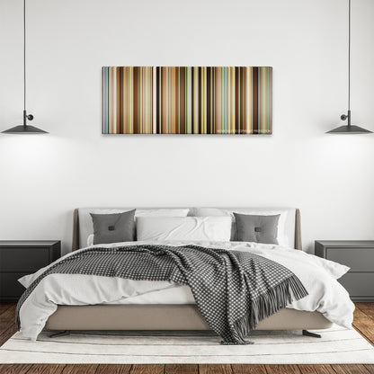 Out of Africa color palette canvas above a bed, between two black pendant lamps