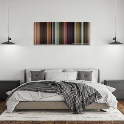 Madagascar color palette canvas above a bed, between two black pendant lamps