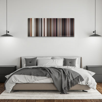 Lawrence of Arabia color palette canvas above a bed, between two black pendant lamps