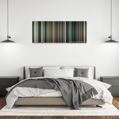 Batman v Superman: Dawn of Justice color palette canvas above a bed, between two black pendant lamps