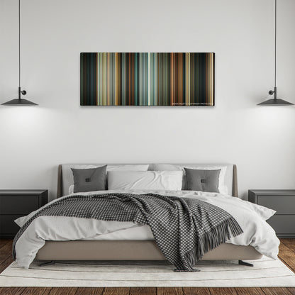 Drive color palette canvas above a bed, between two black pendant lamps