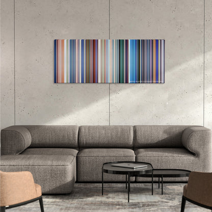 Monsters, Inc. color palette canvas on a concrete wall above a gray sectional sofa