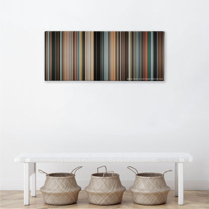 RED color palette canvas above a white bench with three woven baskets
