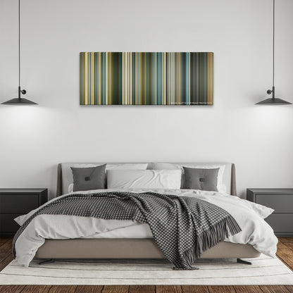 Slumdog Millionaire color palette canvas above a bed, between two black pendant lamps