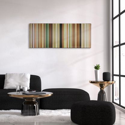 Austenland color palette canvas above a black sofa with a gold-topped table