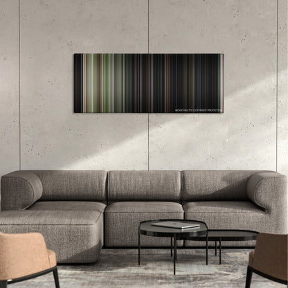 Friday the 13th color palette canvas on a concrete wall above a gray sectional sofa