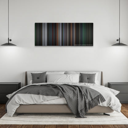 8 Mile color palette canvas above a bed, between two black pendant lamps
