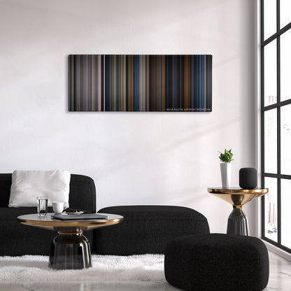 Final Destination color palette canvas above a black sofa with a gold-topped table