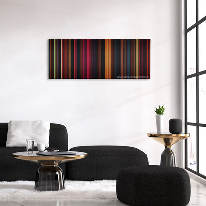 Mandy color palette canvas above a black sofa with a gold-topped table