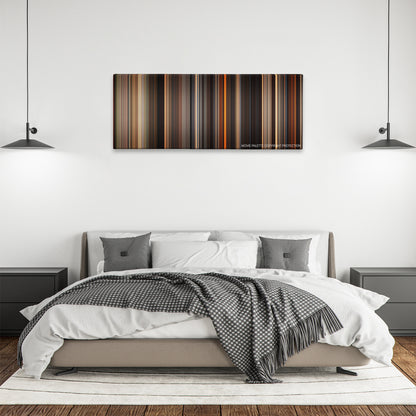 The Ten Commandments color palette canvas above a bed, between two black pendant lamps