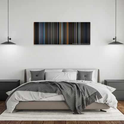 V for Vendetta color palette canvas above a bed, between two black pendant lamps