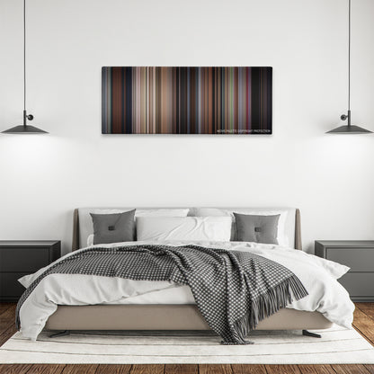 An American Werewolf in London color palette canvas above a bed, between two black pendant lamps