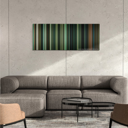 Doctor Sleep color palette canvas on a concrete wall above a gray sectional sofa