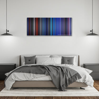 TRON color palette canvas above a bed, between two black pendant lamps