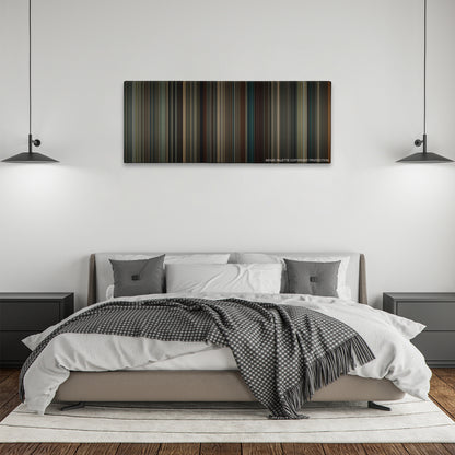 The Imitation Game color palette canvas above a bed, between two black pendant lamps