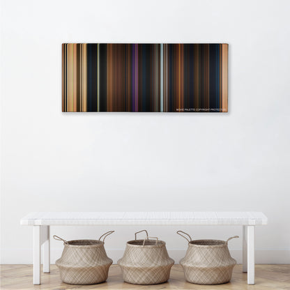 Beauty and the Beast color palette canvas above a white bench with three woven baskets