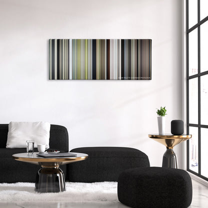 The Peanut Butter Falcon color palette canvas above a black sofa with a gold-topped table