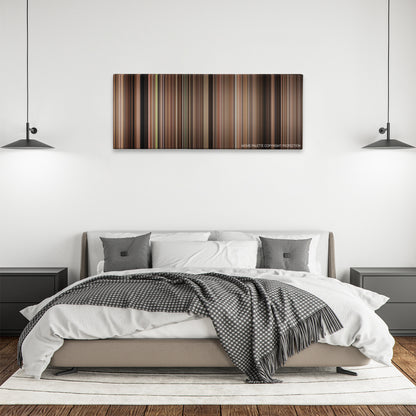 The Sting color palette canvas above a bed, between two black pendant lamps