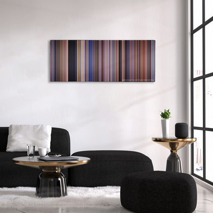 Scary Movie color palette canvas above a black sofa with a gold-topped table