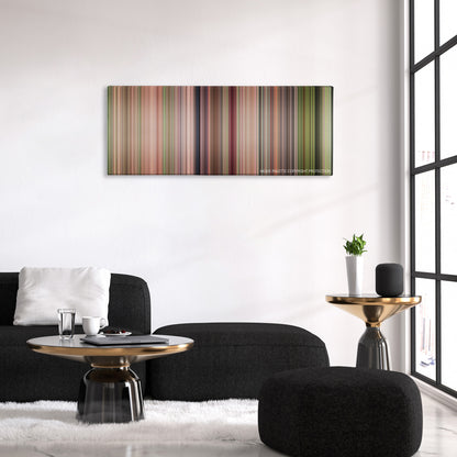Steel Magnolias color palette canvas above a black sofa with a gold-topped table