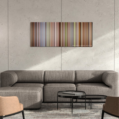 A Room with a View color palette canvas on a concrete wall above a gray sectional sofa