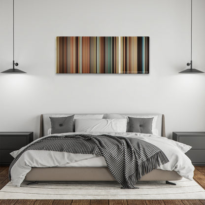 Pride & Prejudice color palette canvas above a bed, between two black pendant lamps
