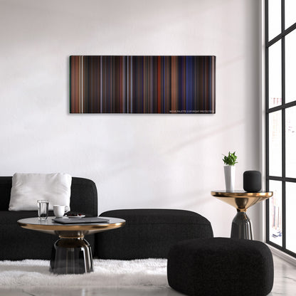 Das Boot color palette canvas above a black sofa with a gold-topped table