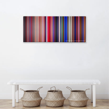 Suspiria color palette canvas above a white bench with three woven baskets