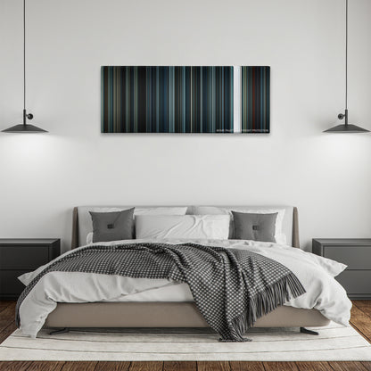 Arrival color palette canvas above a bed, between two black pendant lamps