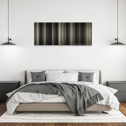 Paterson color palette canvas above a bed, between two black pendant lamps