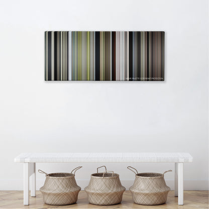 The Peanut Butter Falcon color palette canvas above a white bench with three woven baskets
