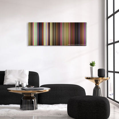 Trolls color palette canvas above a black sofa with a gold-topped table