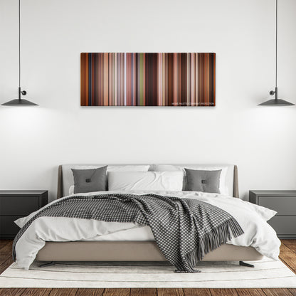 Kate & Leopold color palette canvas above a bed, between two black pendant lamps
