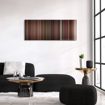 The Dark Crystal color palette canvas above a black sofa with a gold-topped table