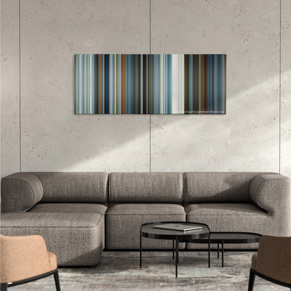 Oblivion color palette canvas on a concrete wall above a gray sectional sofa