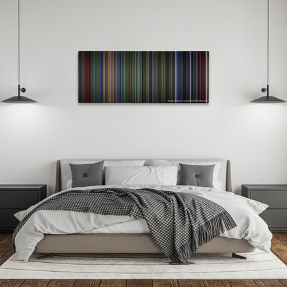 Predator color palette canvas above a bed, between two black pendant lamps
