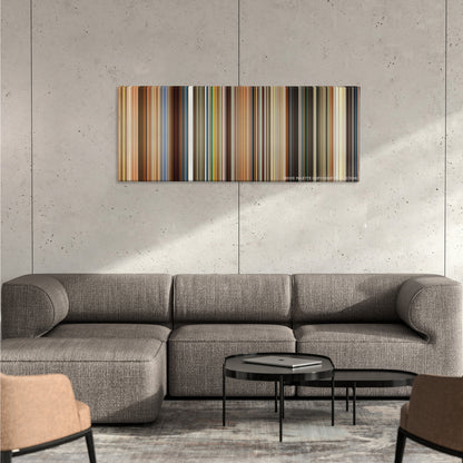 The Lovely Bones color palette canvas on a concrete wall above a gray sectional sofa