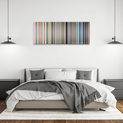 Patton color palette canvas above a bed, between two black pendant lamps