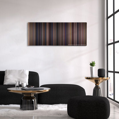 Almost Famous color palette canvas above a black sofa with a gold-topped table