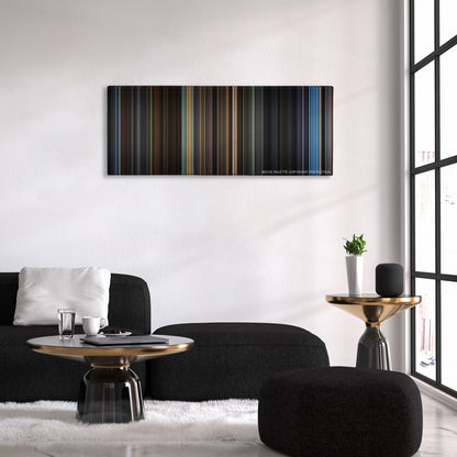 Fantastic Beasts: The Crimes of Grindelwald color palette canvas above a black sofa with a gold-topped table