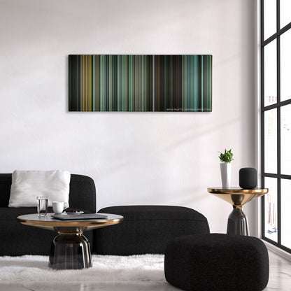 The Bourne Supremacy color palette canvas above a black sofa with a gold-topped table