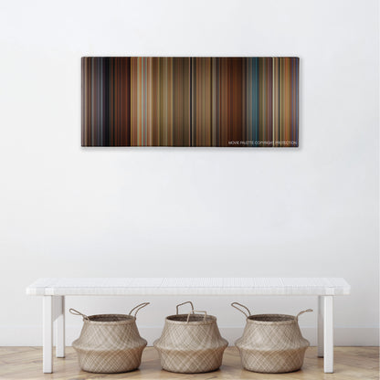 Wanderlust color palette canvas above a white bench with three woven baskets