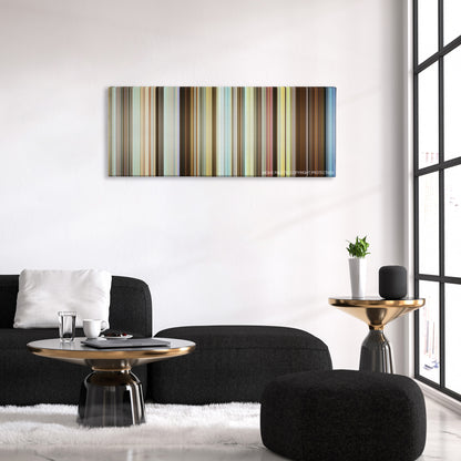 Sing Street color palette canvas above a black sofa with a gold-topped table