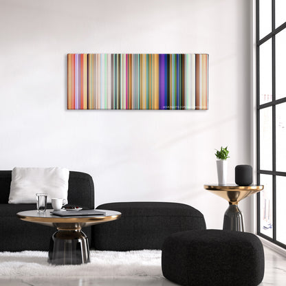 Meet the Robinsons color palette canvas above a black sofa with a gold-topped table