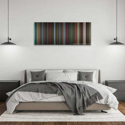 Ex Machina color palette canvas above a bed, between two black pendant lamps
