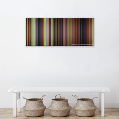 Trolls color palette canvas above a white bench with three woven baskets
