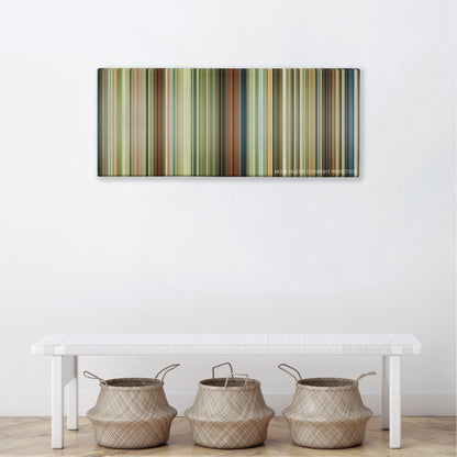 Whisper of the Heart color palette canvas above a white bench with three woven baskets