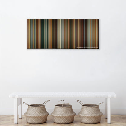 The Dictator color palette canvas above a white bench with three woven baskets